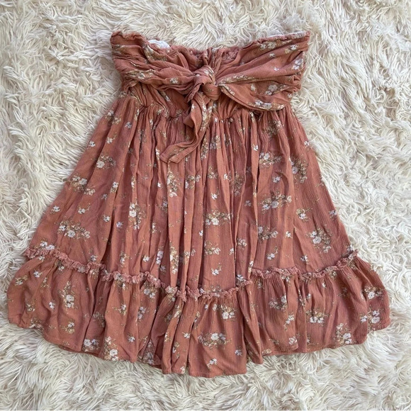 Agua Bendita mini strapless Dress smocked back flower print dust pink size L - Picture 9 of 11